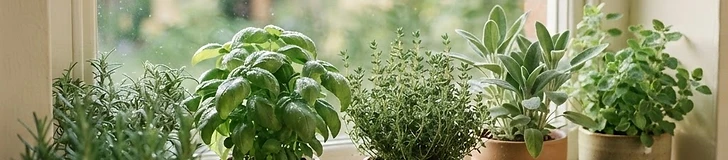 Several small terracotta pots containing various green herbs sitting on a bright wooden windowsill with natural sunlight streaming through the window.