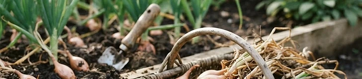 A close-up of a gardener's hands gently brushing soil off a freshly harvested cluster of shallots in a sunny garden bed.