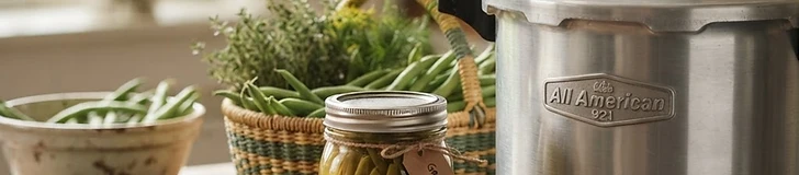 A stainless steel pressure canner sitting on a stovetop surrounded by glass mason jars filled with fresh green beans and carrots.