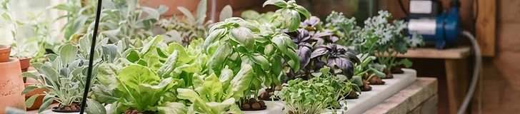 Close-up of a vibrant indoor hydroponic herb garden with purple and white LED grow lights illuminating fresh green basil and lettuce plants.