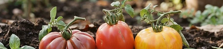 A wicker basket sitting on a wooden garden table filled with a colorful harvest of red slicer tomatoes, elongated paste tomatoes, and small yellow cherry tomatoes.