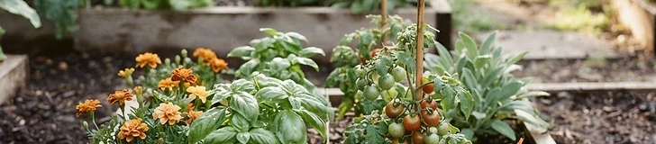 Close-up of a gardener's hands planting small green basil starts around a central tomato seedling in a raised square-foot garden bed.