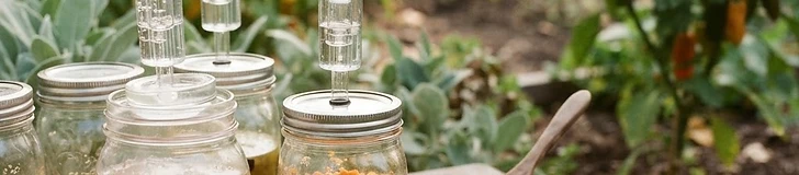 Several mason jars filled with chopped red and yellow peppers submerged in brine, sitting on a wooden kitchen counter next to a sea salt container.