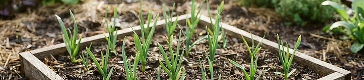 A close-up view of a gardener's hands planting garlic cloves into a square-foot garden grid made of wooden cedar planks.