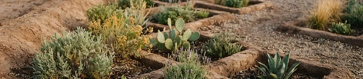 A close-up view of a garden bed with sunken soil basins and raised dirt walls, mulched with straw in a dry, sunny landscape.