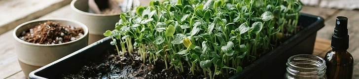 Close-up of a gardener's hands spreading tiny seeds over a dark potting mix in a shallow plastic tray for a home microgreen setup.