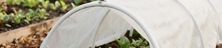 A backyard raised bed covered with a white agricultural fabric tunnel held up by arched PVC pipes in a sunny garden.