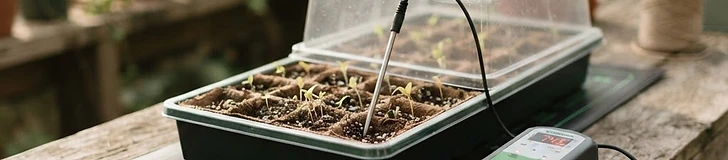 A close-up of a digital heat mat controller display showing 75 degrees Fahrenheit with a seedling tray on a black mat in the background.