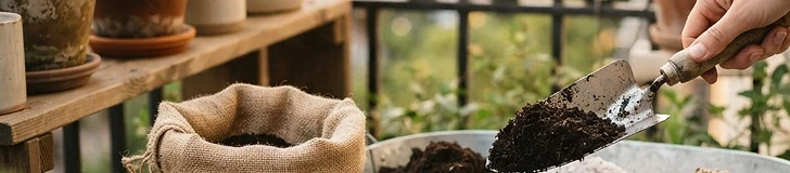 Close-up of a gardener's hands mixing dark, nutrient-rich potting soil with white perlite in a large, clean plastic tub on a sunny balcony.