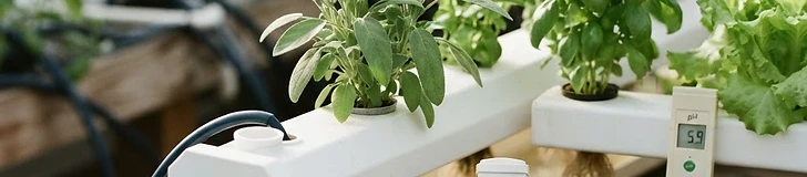 A close-up view of a gardener's hands using a digital pH meter to test the water in a white hydroponic reservoir with lush green kale leaves visible in the background.