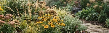 A diverse garden border featuring tall ornamental grasses, evergreen shrubs, and late-blooming flowers covered in light frost.