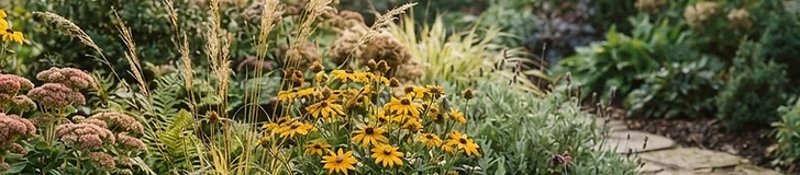 A diverse garden border featuring tall ornamental grasses, evergreen shrubs, and late-blooming flowers covered in light frost.