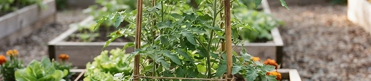 A wooden raised garden bed features a sturdy cattle panel trellis at the back, with lush green cucumber vines climbing toward the sun.
