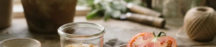 Close-up of a person's hands scraping tomato pulp and seeds into a small glass jar on a wooden garden table.