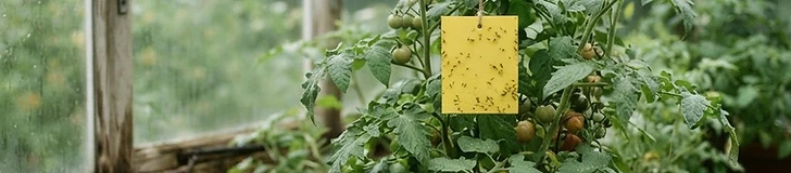 A close-up view of a gardener checking the underside of a tomato leaf for pests inside a bright, sunlit greenhouse.