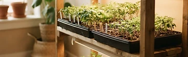 A multi-tiered wire shelving unit in a home setup holding several plastic seedling trays under bright white LED shop lights.