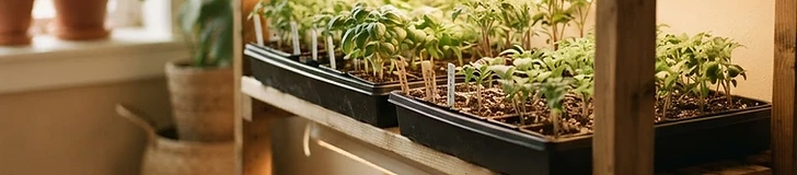 A multi-tiered wire shelving unit in a home setup holding several plastic seedling trays under bright white LED shop lights.