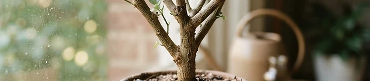 A close up of a pruned, leafless pepper plant stem in a terracotta pot sitting on a bright indoor windowsill during winter.