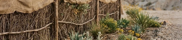A home garden in a dry desert climate featuring a sturdy wooden slat fence providing shade and wind protection to raised vegetable beds.