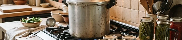 Vintage-style pressure canner with steam rising on a gas stove next to jars of green beans and tomatoes cooling on a wooden board.