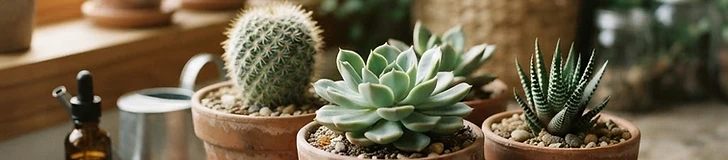 A close-up of a variety of potted succulents arranged on a wooden table in bright, natural morning light.