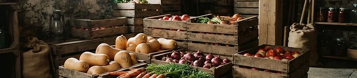 Wooden crates of butternut squash, carrots, onions, and red apples stacked in a dim cool stone cellar with soft light beams.