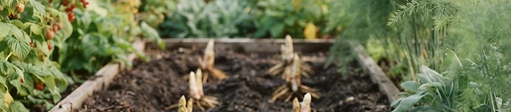 Close up of fresh green asparagus spears emerging from a bed of dark, organic soil in a home garden.