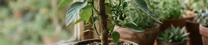 A weathered ceramic pot holding a pruned pepper plant stalk sitting on a sunlit wooden porch deck near a garden bed.