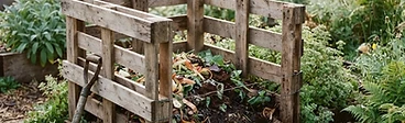 A square compost bin made of four wooden shipping pallets sitting on a grassy lawn with a pitchfork leaning against it.