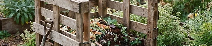 A square compost bin made of four wooden shipping pallets sitting on a grassy lawn with a pitchfork leaning against it.