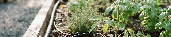 Close-up view of black drip irrigation tubing running through a wooden raised garden bed next to small green sprouts.