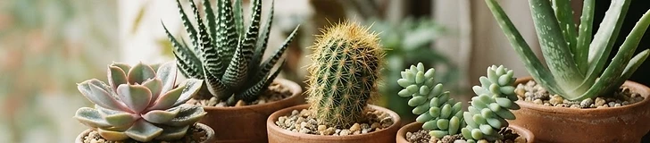 A collection of various succulents, including a tall snake plant and small echeverias, arranged in terracotta pots on a bright, sunlit wooden table.