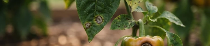 Close up of a green bell pepper plant showing small dark spots on the leaves and a single fruit with a small circular lesion.