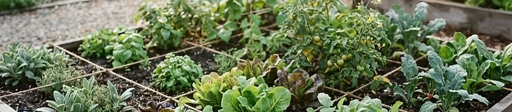 A close-up view of a lush square-foot garden bed with diverse vegetables like lettuce, carrots, and tomatoes growing in neatly divided wooden grid sections.