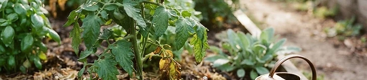 A close up view of a gardener using a soil probe in a lush, mulched vegetable garden to check for moisture depth near a tomato plant.