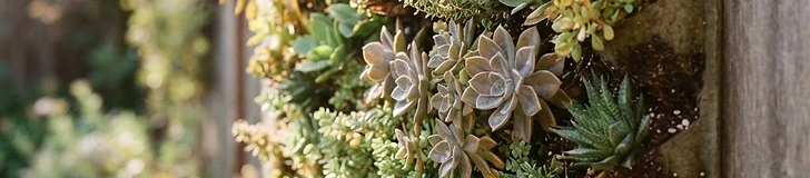 A vibrant vertical garden wall mounted on a wooden fence filled with diverse succulent varieties and trailing culinary herbs in bright sunlight.