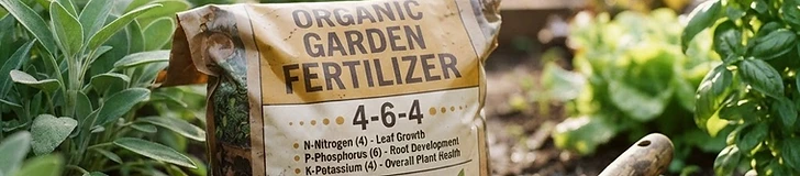 A gardener holding a small gardening spade while pointing at a bag of organic granular fertilizer with clear N-P-K labeling.