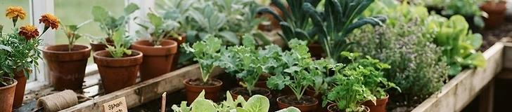 A diverse greenhouse interior featuring lush green leafy vegetables in raised beds and tomato plants climbing vertical trellises.