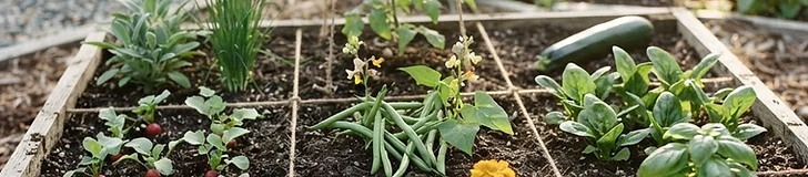 A close-up view of a wooden raised garden bed partitioned into perfect one-foot squares with twine, containing a variety of young vegetable starts.