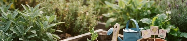 A young child kneeling in a garden bed with a small trowel, carefully planting sunflower seeds into loose, dark soil under bright sunlight.