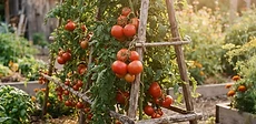 Indeterminate tomato plants staked on a tall wooden trellis with clusters of ripe red tomatoes.