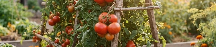 Indeterminate tomato plants staked on a tall wooden trellis with clusters of ripe red tomatoes.