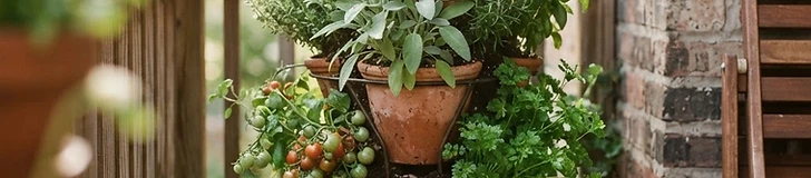 A multi-tiered wooden planter tower filled with lush green lettuce, basil, and red strawberries on a sunny suburban wooden deck.
