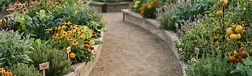 A wide, flat garden path made of grey stone pavers leading through a lush backyard garden with raised wooden beds on both sides.