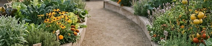 A wide, flat garden path made of grey stone pavers leading through a lush backyard garden with raised wooden beds on both sides.