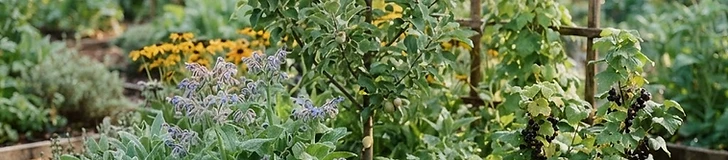 A diverse garden bed showing tiered planting with fruit trees, shrubs, and low-growing ground cover plants arranged in a lush, natural-looking pattern.
