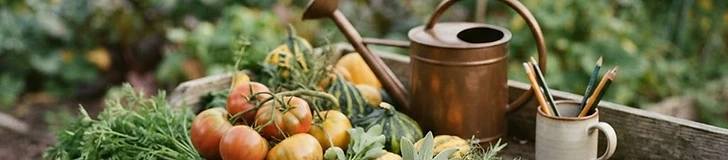 A close-up view of a gardener's hands writing in a journal while sitting next to raised wooden garden beds filled with diverse, healthy vegetable plants.