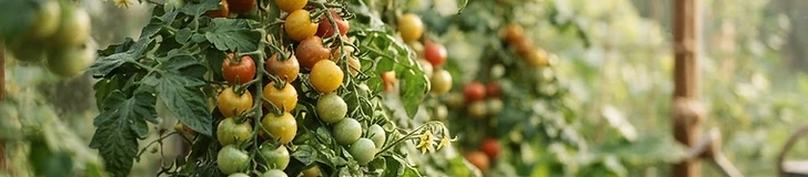 Close-up of vibrant red tomatoes growing on vines inside a bright, clean glass greenhouse.
