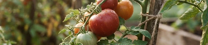 A close-up view of red and green tomatoes on the vine with a light frost dusting the surrounding leaves in a home garden.