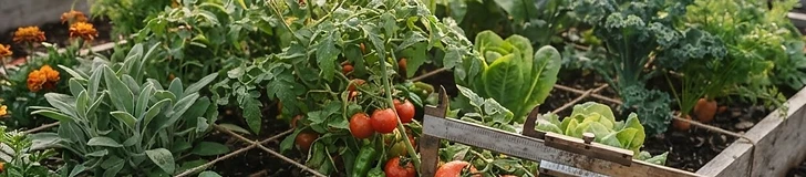 A close-up of a gardener's hands holding a digital kitchen scale with a small basket of freshly harvested green beans on a wooden garden table.
